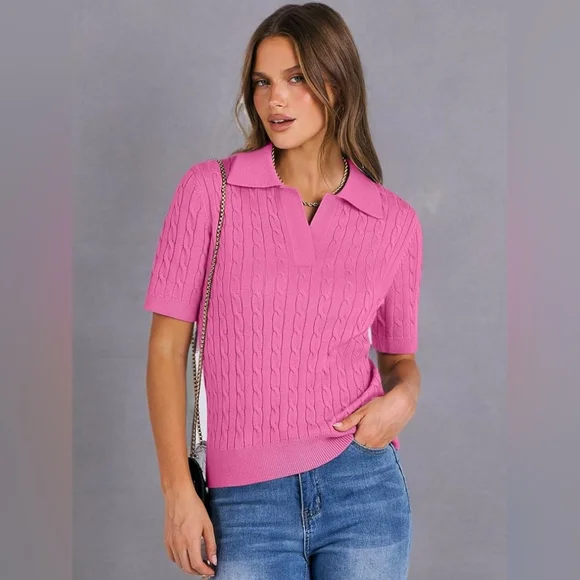🌺Short Sleeve Polo V Neck Cable Knit Soft Pullover Sweater 🌺 - Picture 2 of 9